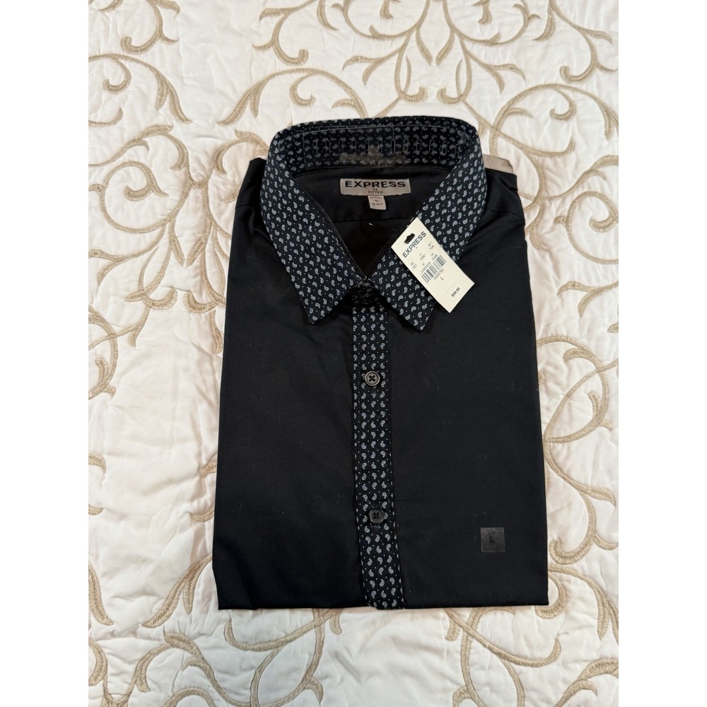 NWT Express Fitted Mens Dress Shirt Large 16-16.5 Black Paisley Trim Classy